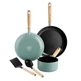 GreenPan Mayflower Gesundes Keramik-Kochgeschirr-Set mit 5 Töpfen und Pfannen, Inklusive Bratpfannen, Kochtopf und Nylonutensilien, Holzgriff, PFAS-frei, Induktion, Rauchblau