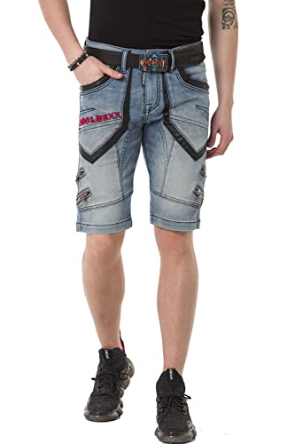 Cipo & Baxx Herren Jeans-Shorts Denim Freizeithose Kurze Hose Reißverschluss Kunstleder Bermuda CK259 Indigo W42