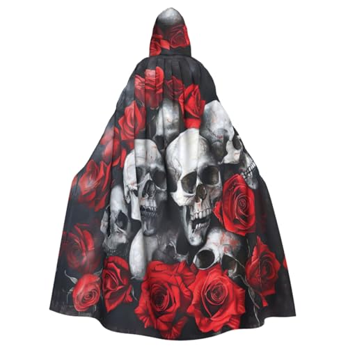 WURTON Kapuzenumhang mit Totenkopf und roter Rose, Halloween-Umhang, festliche Bedürfnisse, Cosplay, Maskerade, Motto-Partys, 185 cm