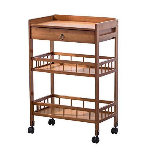 LASTRAN Multifunktions-Aufbewahrungswagen Organizer Cart Wooden Services Trolley mit Zaun, 3-Tier Beauty Tool Cart/Home Hotel Dining/Tea Car, Einfach zu Montieren, Brown,