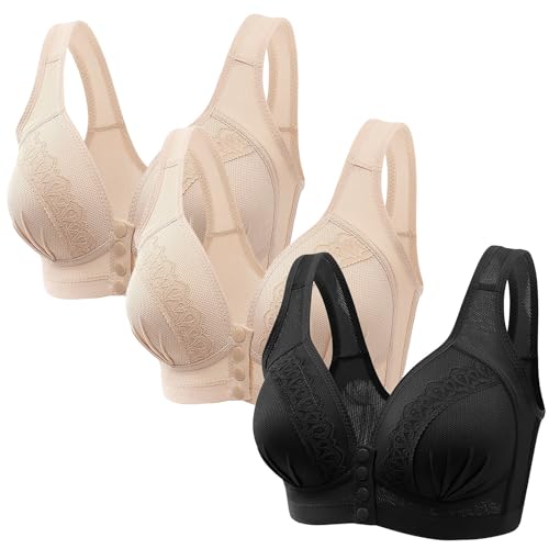 CSHE 3er Pack Große Brüste BH mit Vollem Halt Minimizer BH mit Gepolstert BH Bustier Ohne Bügel Damen Klassische BH Frauen Push Up Bralette BH mit Vorderverschluss 80-115BCD Schwarz Beige 115D