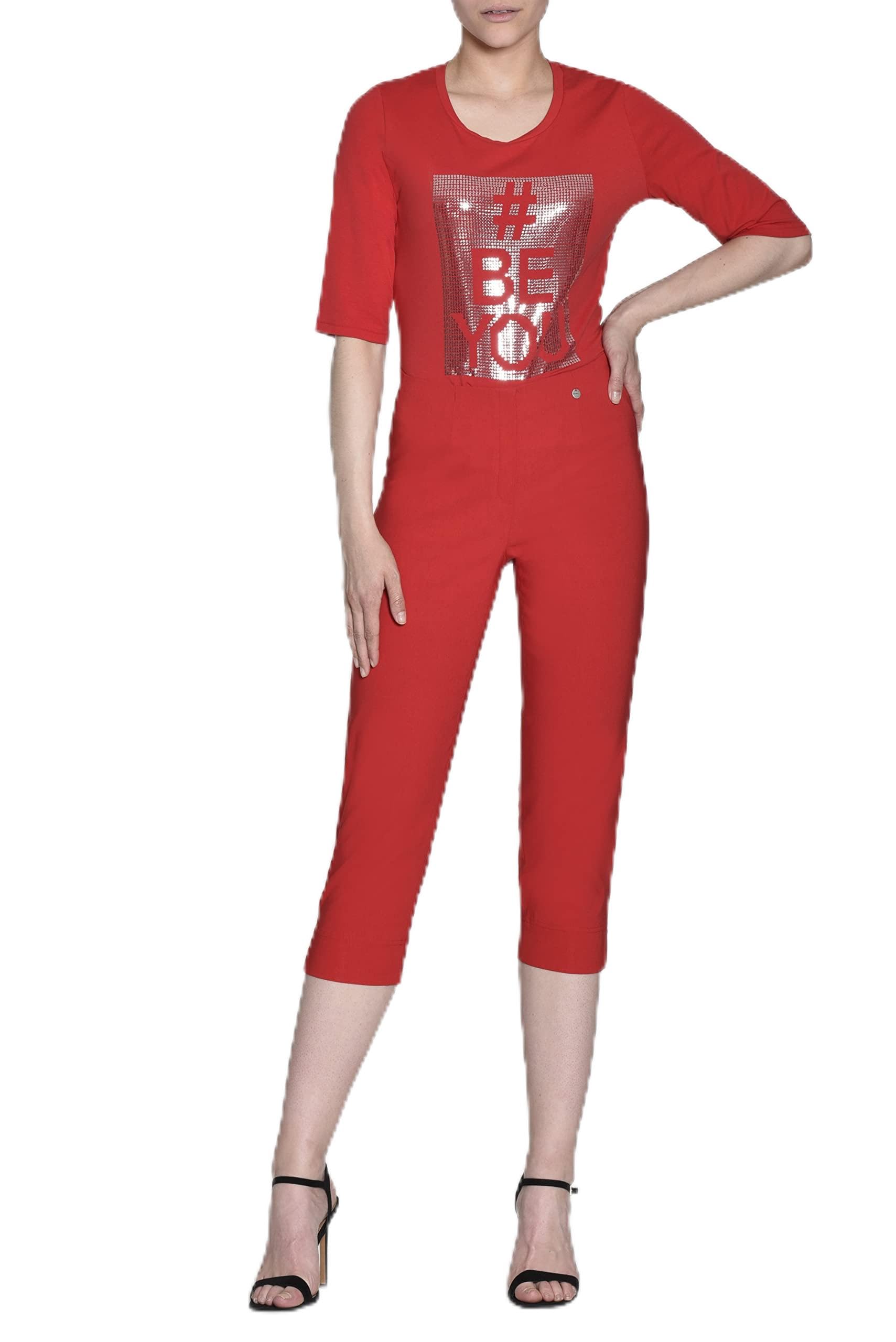 Robell Style MARIE07 - Capri Stoffhose Damen high Waist - Caprihose Power Stretch - Bengaline Hose mit Schlitz am Saum - Bitte eine Größe Kleiner bestellen - Rot, 42