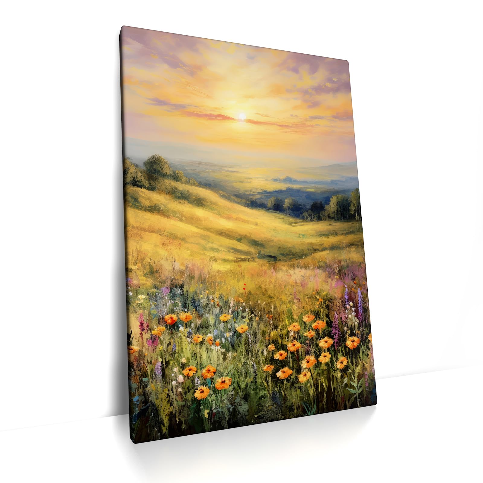 CanvasArts Frühling/Sommer Blumenwiese A - Leinwand Bild - Blumen Landschaft Sonnenaufgang (100 x 70 cm, Leinwand auf Keilrahmen, Blumenwiese A)