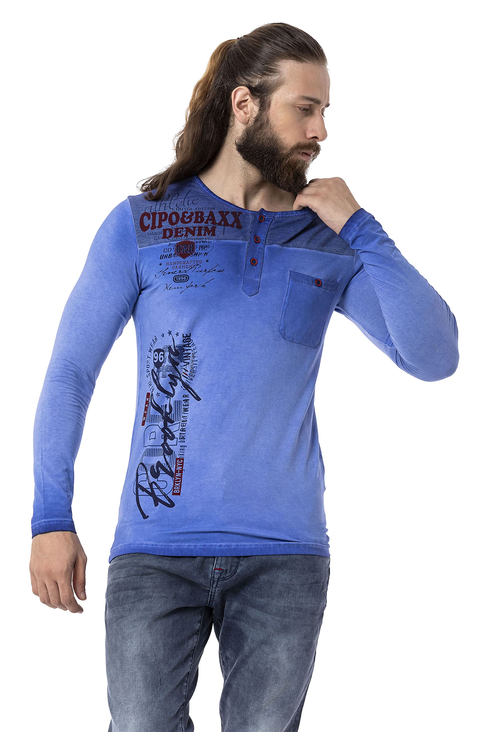 Cipo & Baxx Herren Langarmshirt Batik Knopfleiste Rundhals Brusttasche Print Longsleeve CL527 Blau XL