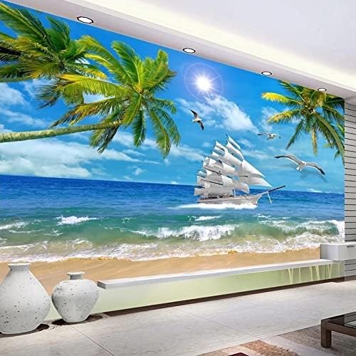 XLMING Strand Kokosnussbaum Meerblick Küche Esszimmer Arbeitszimmer Wohnzimmer TV Hintergrund Wand 3D Tapete-400cm×280cm