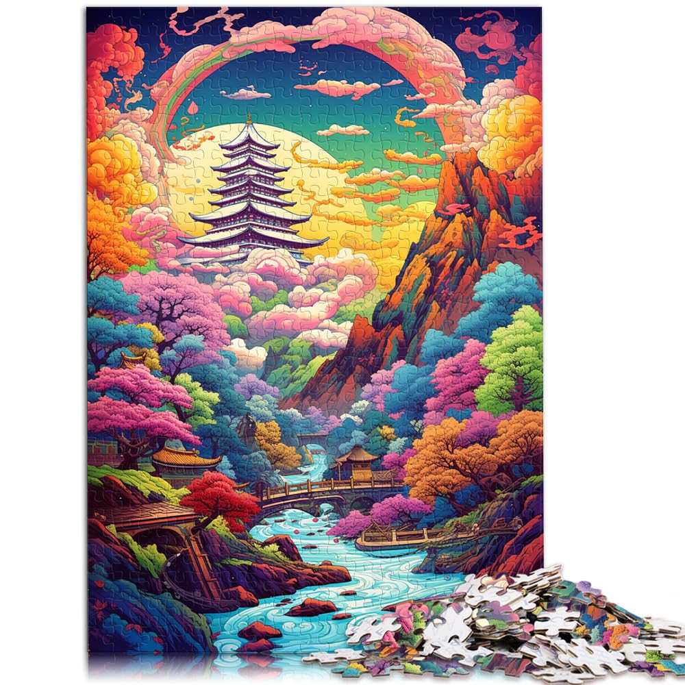 Puzzle für Puzzle, farbenfrohe psychedelische japanische Retro-Landschaft, 1000 extragroße Teile, Holzpuzzle, anspruchsvolles Spiel, 1000 Teile (50 x 75 cm)