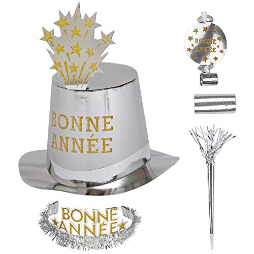 Widmann 8008F- Party-Set Bonne Année, Silber, Set aus 5 Partyhüten, 5 Kronen, 5 Partytrompeten, 5 Tröten und 1 Pack Luftschlangen, Französisch, Silvester, Hut, Kopfschmuck, Accessoire, Mottoparty