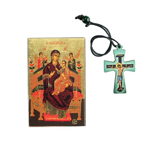 Panagia Pantanassa Ikone der göttlichen Gnade und Holzkreuz-Anhänger – Geschenkset vom Berg Athos, Holz