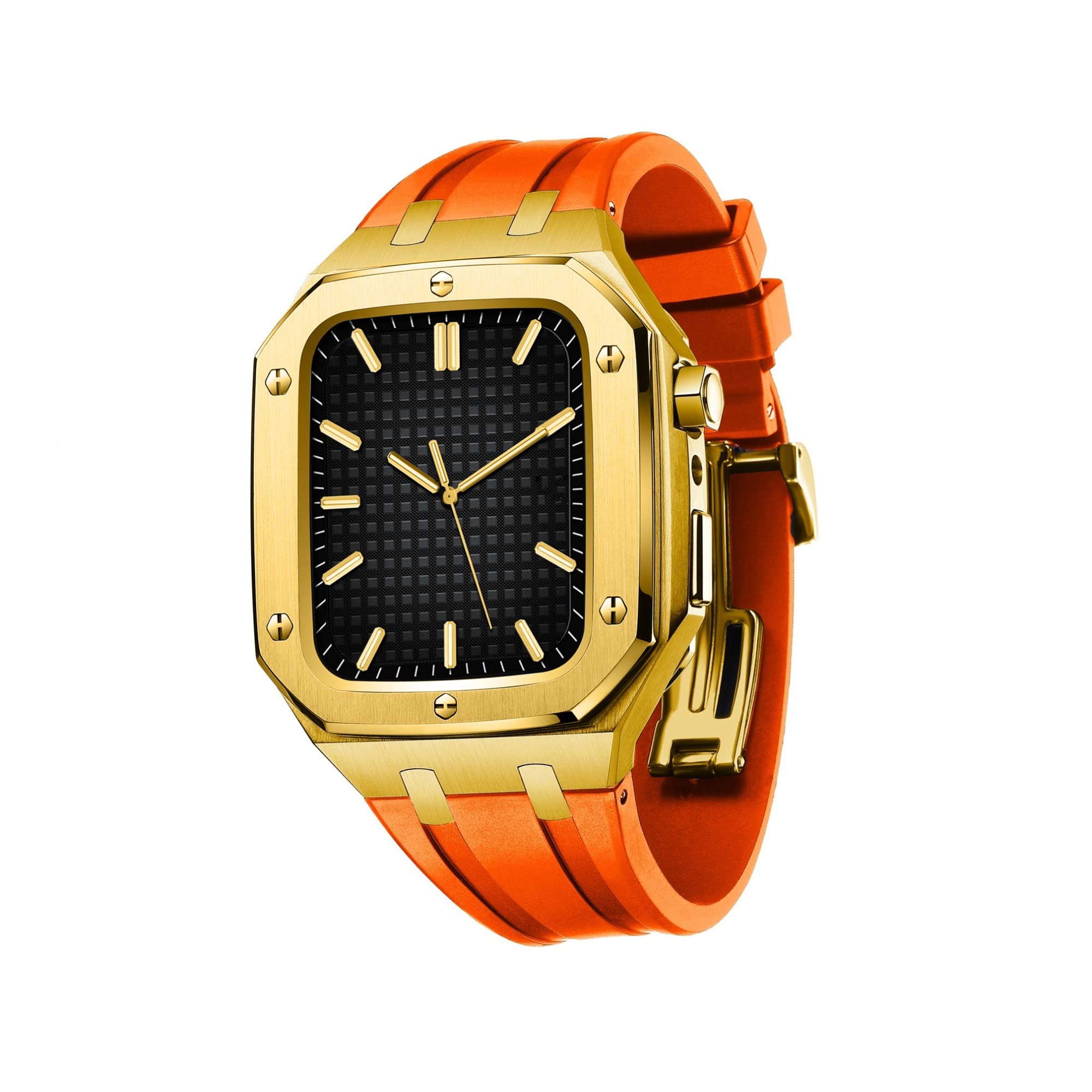 KANUZ Silikon-Uhrenarmband, Metallgehäuse für Apple Watch Serie 8, 45 mm, 44 mm, Modifikationsset, Zubehör, Uhrenarmbänder für iWatch SE/4/5/6/7 Serie mit Werkzeugen (Farbe: Gold-Orange, Größe: 44 mm