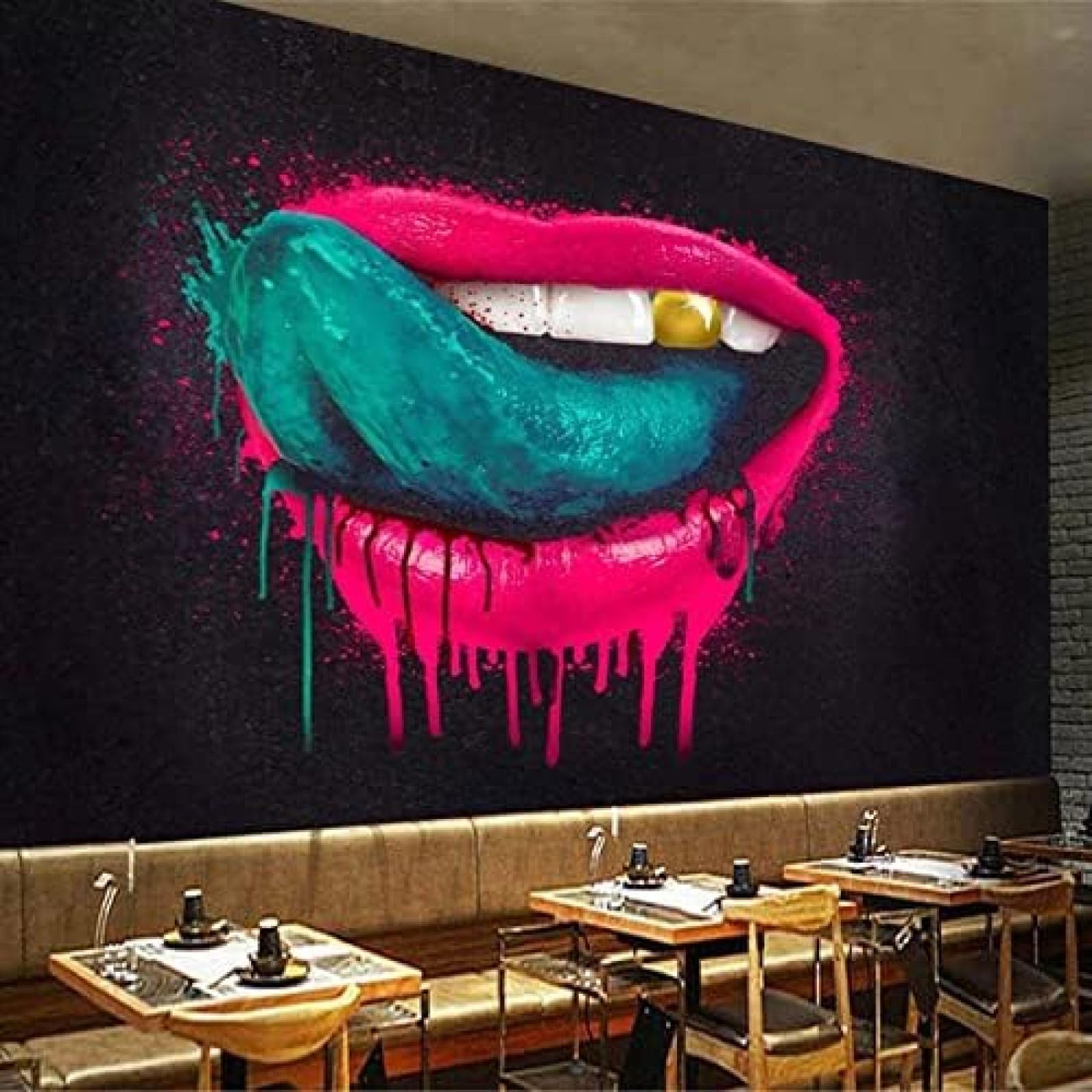 XLMING Graffiti Goldzähne Großmaul Arbeitskleidung Cafe Restaurant 3D Tapete Wohnzimmer Sofa Schlafzimmer Esszimmer Home Dekoration Wand-150cm×105cm