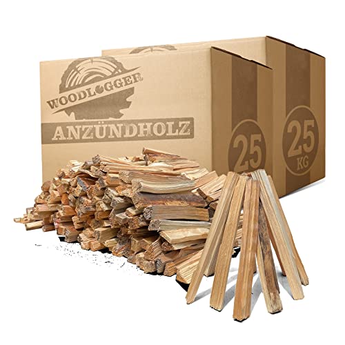 Woodlogger 60 KG Anzündholz I trockenes Anfeuerholz I premium Anmachholz I ofenfertiges Brennholz I Holz für Kaminofen, Lagerfeuer, Feuerschalen, Ofen I sauberes Grillholz I hochwertige Kaminanzünder