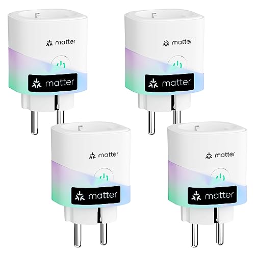 Meross Matter Smart Steckdose mit Stromverbrauch, WLAN Steckdosen mit stromzähler, funktioniert mit Sprachsteuerung, Fernzugriff, Apple Home, Alexa und Google, 16A 4 Stücke