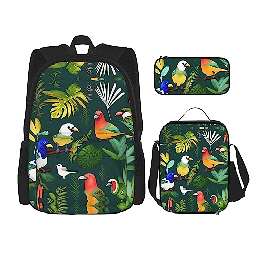 WURTON Reise-Lunchbox mit tropischen Vögeln und Pflanzenblättern, Federmäppchen, Rucksack-Set, 3-teilig, verstellbare Riemen, leicht, Schwarz, Einheitsgröße