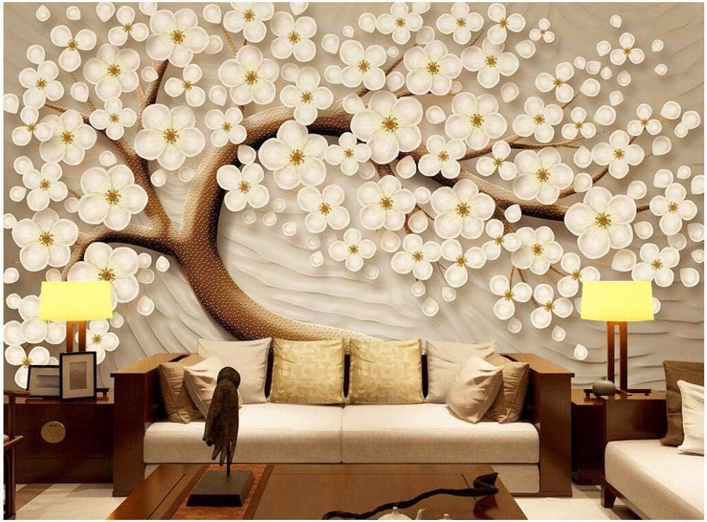 Geprägte Blume Weiße Blume Baum Des Glücks Baum Des Glücks 3D Tapete Poster Restaurant Schlafzimmer Wohnzimmer Sofa TV Dekorative Wand-400cm×280cm