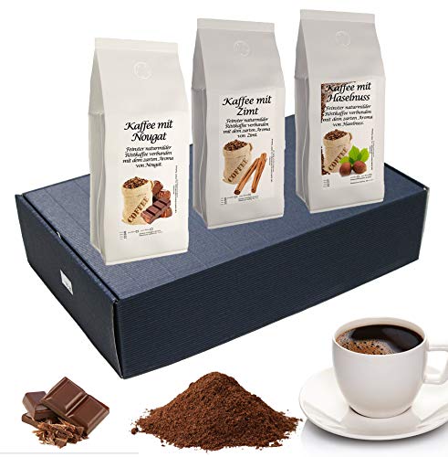 Geschenk Set Aromatisierter Kaffee Gemahlen 3 x 200 g (Nougat, Zimt und Haselnuss)