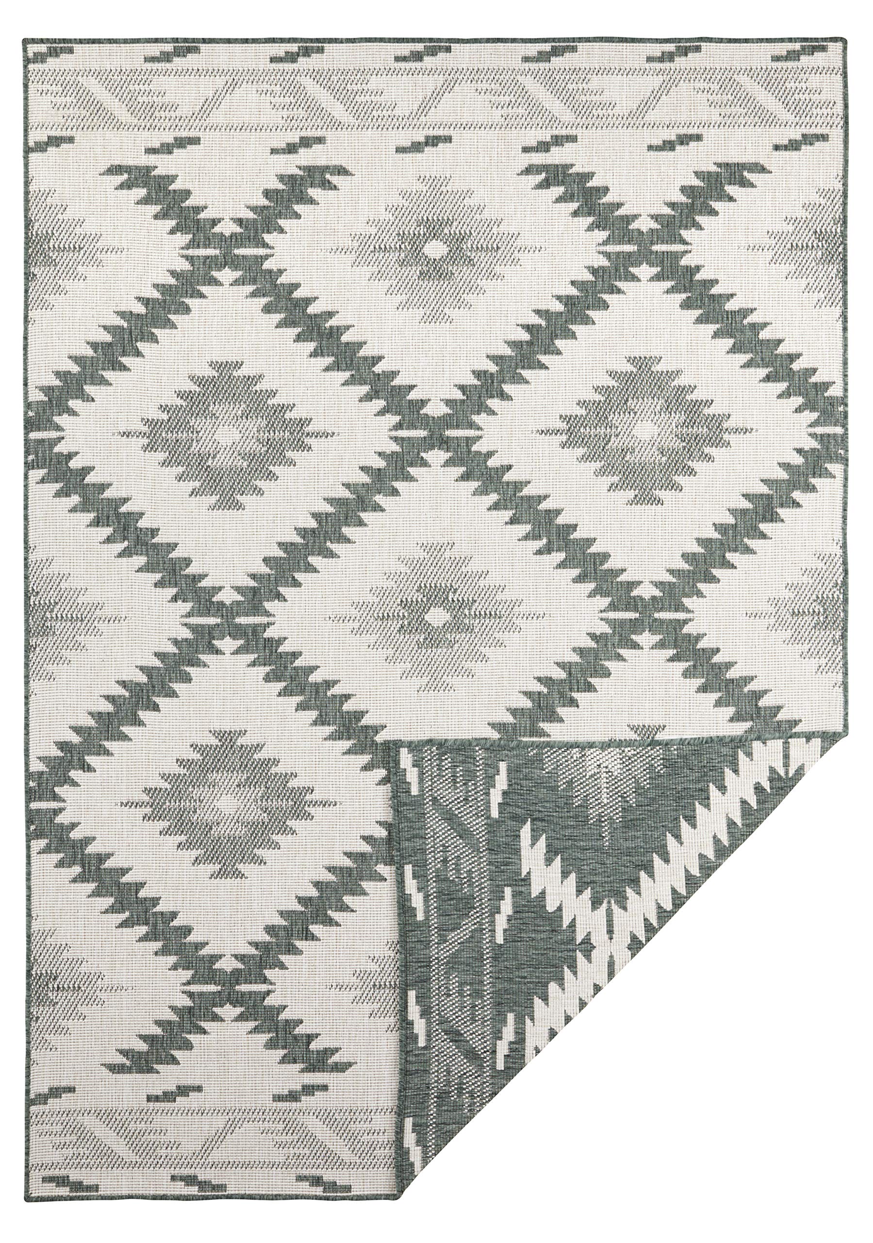 NORTHRUGS In- und Outdoor Teppich Malibu 80x150cm - Wendeteppich Wetterfest Modern Geometrisches Muster Läufer für Balkon Terrasse Garten Wintergarten Wohnzimmerteppich Wasserfest in Grün Creme