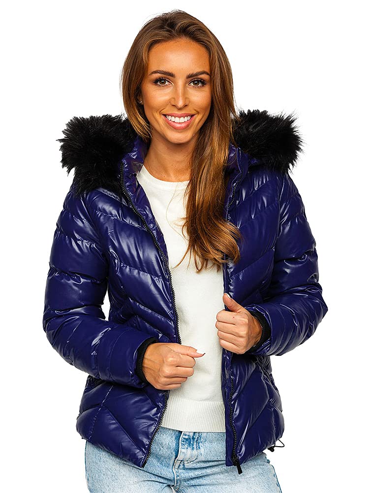 BOLF Damen Winterjacke Steppjacke mit Kapuze Daunenjacke Reißverschluss Sportjacke Zip Wärme Freizeit Outdoor Basic Casual Style 23068 Dunkelblau XL [D4D]