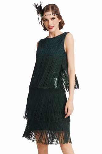 ArtiDeco 1920s Charleston Kleid Damen Knielang Cocotail Party Kleid 20er Jahre Flapper Damen Gatsby Kostüm Kleid (Dunkel Grün, XL/UK 18 / EU46)