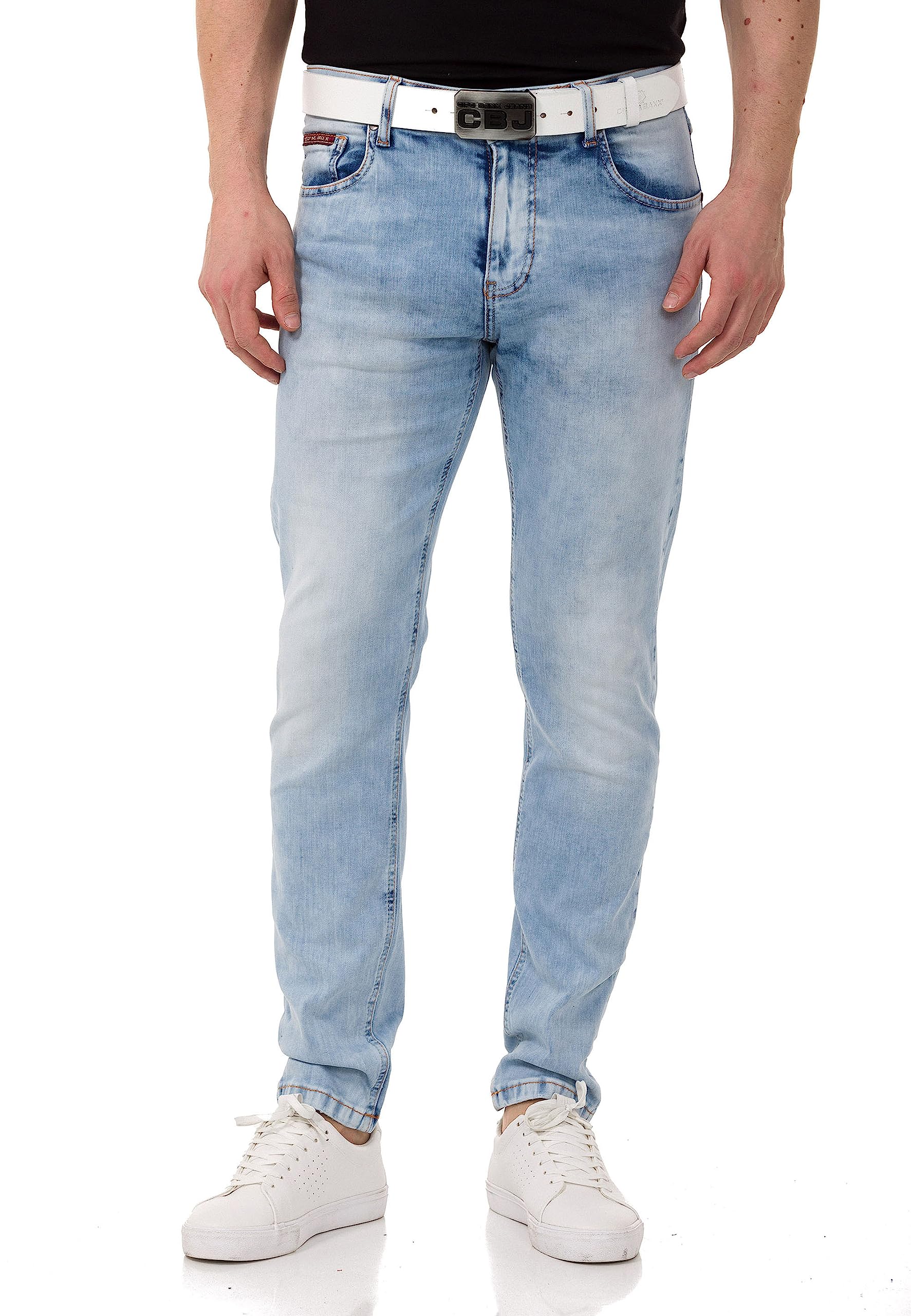 Cipo & Baxx Herren Jeanshose Slim Fit, Stretch Denim Pants im Basic-Look, 98,5% Baumwolle Jean Hose für Männer, Casual-Look Klamotten für Herren, CD820, Iceblue, W42 L32