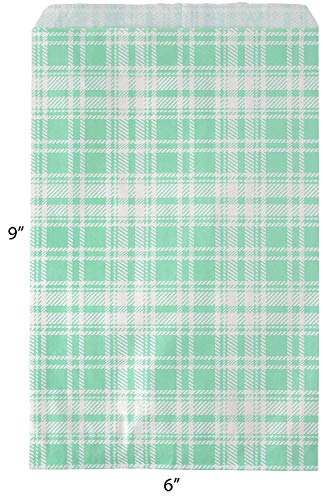 (6X9, Teal Plaid) - Novel Box Teal Plaid Print Paper Gift Candy Jewellery Merchandise Bag Bundle 15cm X 23cm (100 Count) + Custom NB Pouch