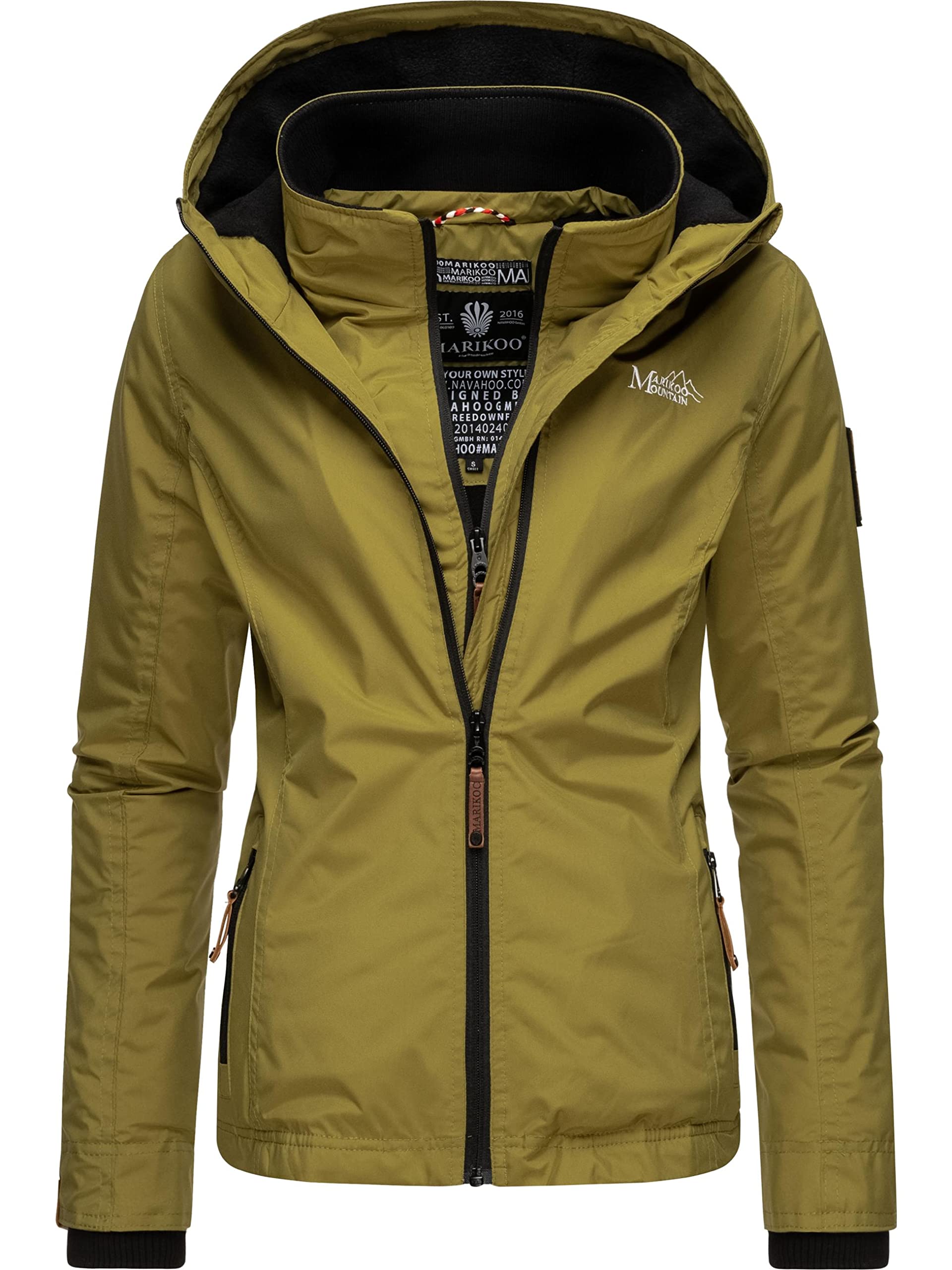 MARIKOO leicht gefütterte Damen Übergangsjacke kurz Outdoor-Jacke mit kuscheligem Fleece-Innenfutter und großer Kapuze Erdbeere Moss Green Gr. L