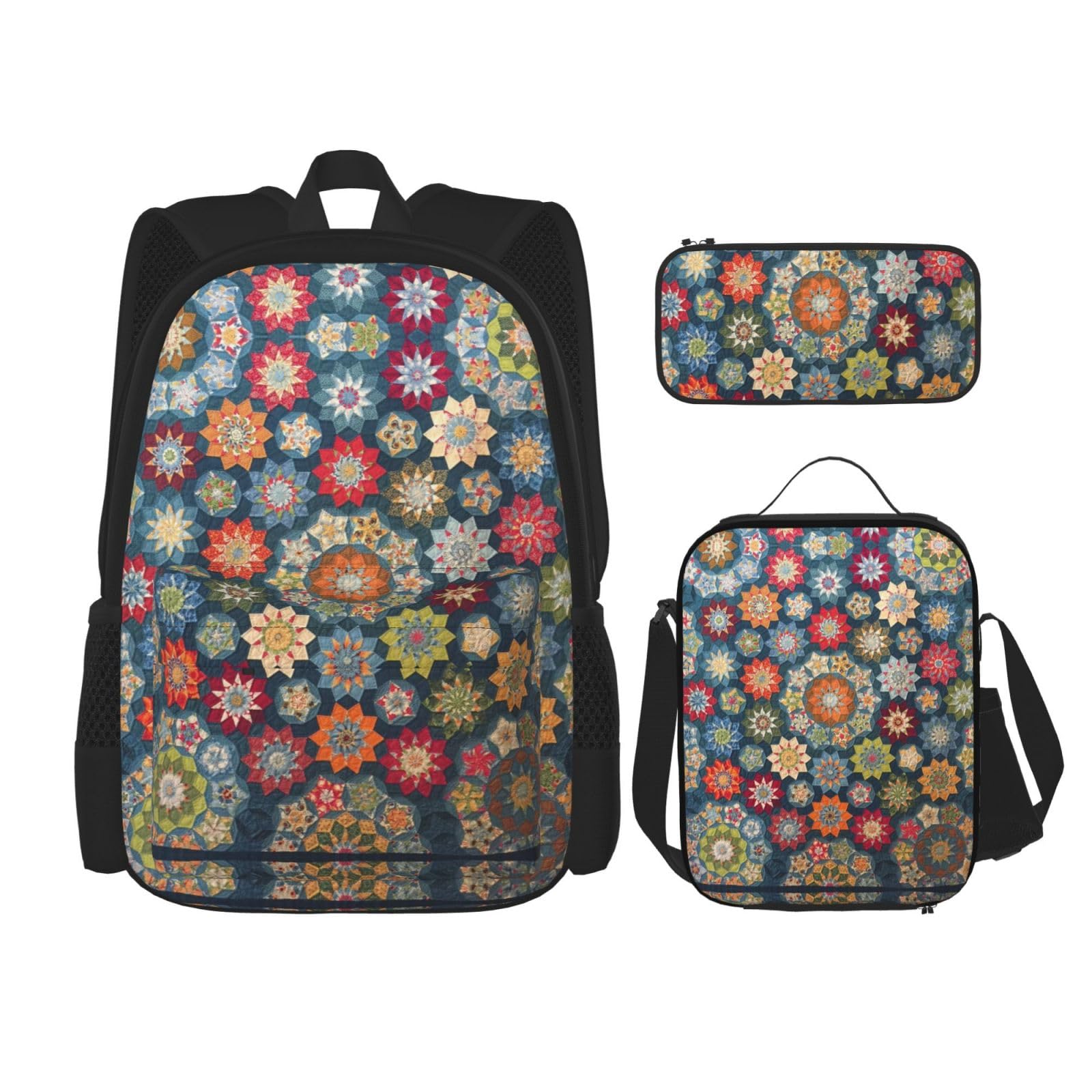 WURTON Bohemian Flower Print Lunchbox Federmäppchen Rucksack Set 3 Stück Verstellbare Träger Langlebig Leicht, Schwarz, One Size