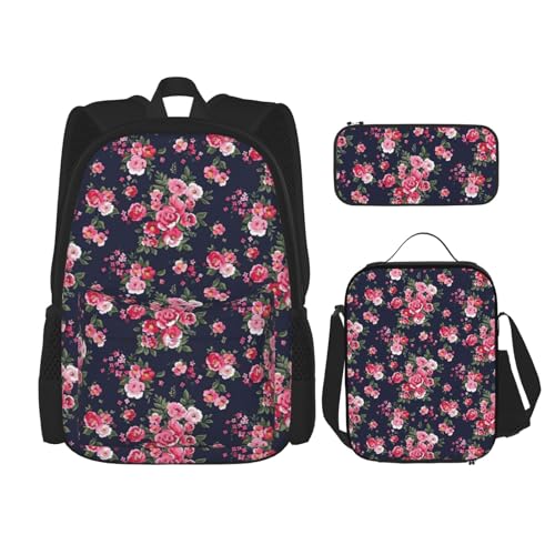 WURTON Schulrucksack mit Pfingstrosen-Motiv, 3-in-1, Büchertaschenset mit Lunchbox, Federmäppchen, Reise, Laptop, Tagesrucksack