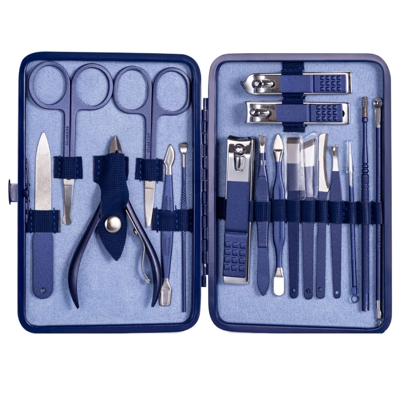 OPKDE 7–23-teiliges professionelles Nagelschneider/Pediküre-Scheren-Set aus Edelstahl, Adlerhaken, tragbares Maniküre-Nagelknipser-Werkzeug-Set (18 Stück, blau)