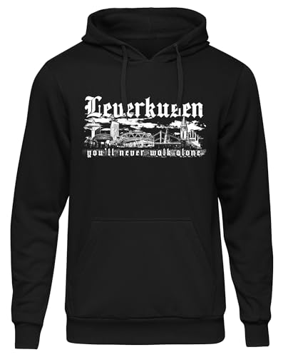 UGLYSHIRT Leverkusen Skyline Herren Kapuzenpullover | Leverkusen Meister Pullover Sport Fussball Stadt Skyline Leverkusen Hoodie Trikot Fanartikel | Schwarz (XXL)