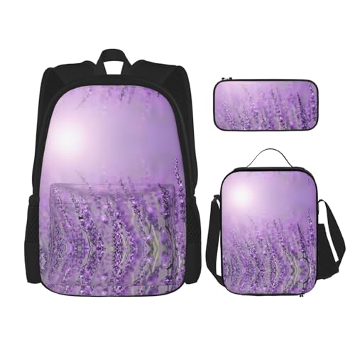 WURTON Romantische lila Lavendel Druck Reise Lunchbox Federmäppchen Rucksack Set 3 Stück verstellbare Träger leicht