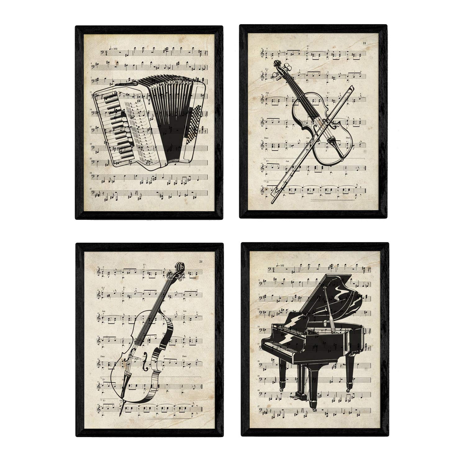 Set von 4 Poster Instrumente mit Noten. Klavier, Geige, Cello, Akkordeon. A4-Format. mit Rahmen