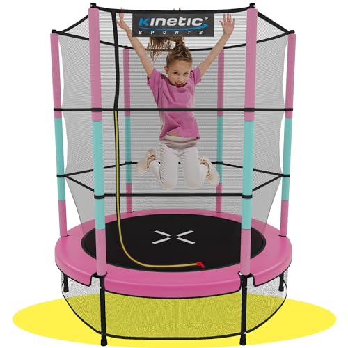 Kinetic Sports Trampolin Kinder Indoortrampolin Jumper 140 cm Randabdeckung Stangen gepolstert, Gummiseil-Federung Sicherheitsnetz Pink