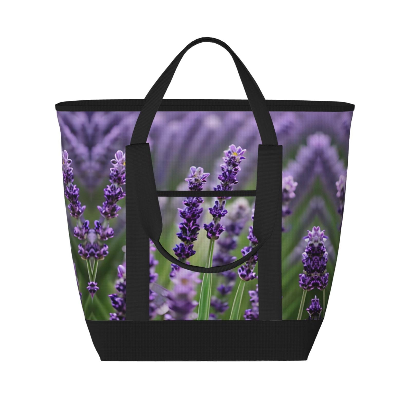 YQxwJL Isolierte Kühltasche, Einkaufstasche, Einkaufstasche, für Reisen, Strand, wiederverwendbar, für Erwachsene, Violett mit Lavendel-Blumendruck, Schwarz, Einheitsgröße