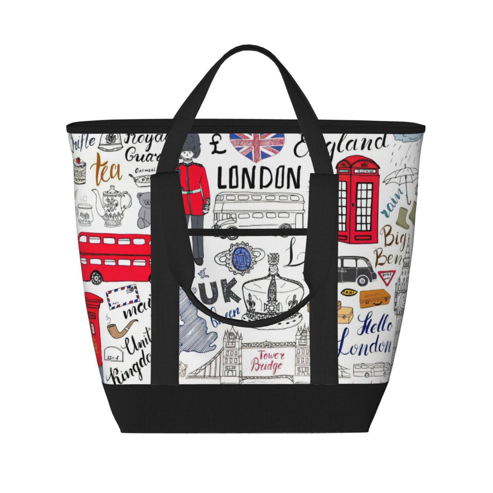 YQxwJL I Love London bedruckte große Kapazität, isolierte Lunchtasche, wiederverwendbare Einkaufstasche mit Reißverschluss für Damen und Herren