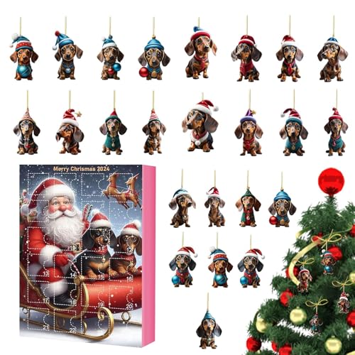 Adventskalender Weihnachten, Dackel – Set mit lustigen Hunden zum Sammeln 24 Tage Weihnachten | Adventskalender Weihnachtsferien – flacher Anhänger aus Acryl 2D Po