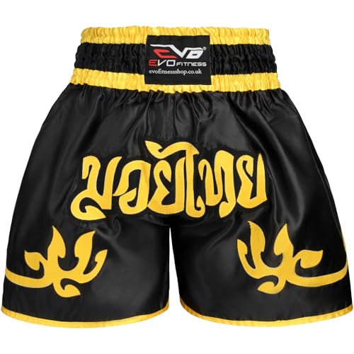 EVO Fitness Muay-Thai Shorts MMA Kickboxen Kampfsport Kampf-ausrüstung - Schwarz und Gold, X-Small