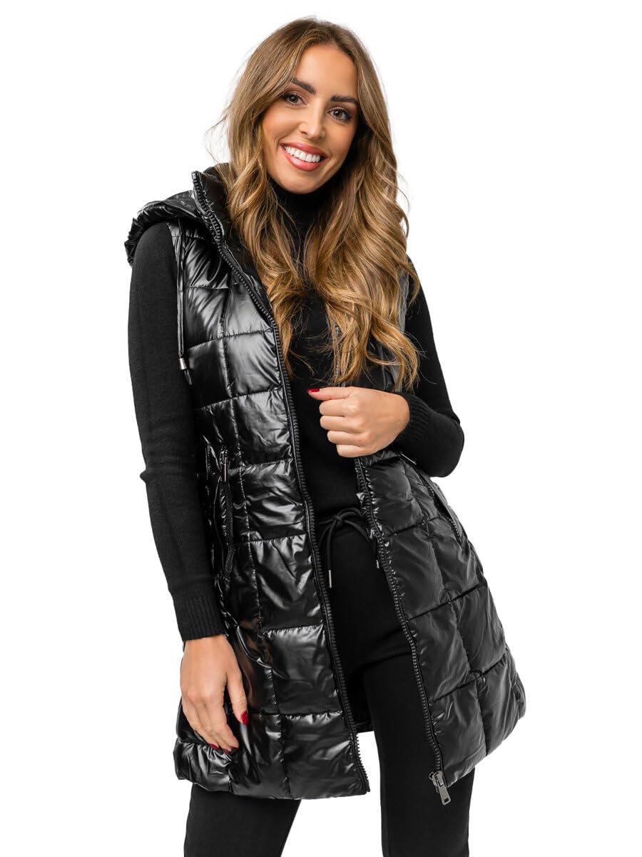 BOLF Damen Weste Lange Steppweste Bodywarmer Daunenweste Vest Funktionsweste Ärmellos Mantel Sportweste Winter Kapuze Warm Freizeit Outdoor 16M9123 Schwarz M [U1U]