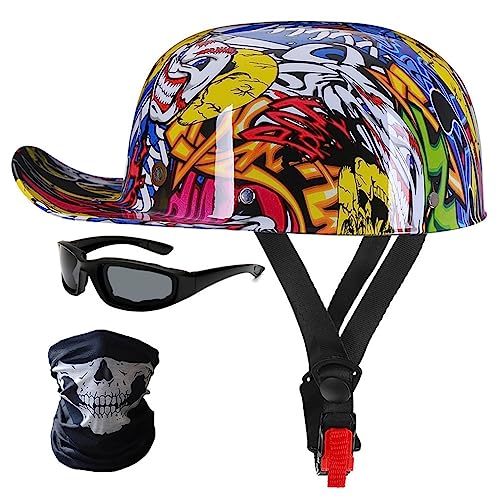 Halbschalenhelm Motorradhelm ECE-Zulassung Baseball Cap Mit Fahrradbrille Fahrradvisier Cruiser Chopper Scooter Helm Herren Retro Motorrad Halbhelm MäNner Frauen Mofa Helm 57-62cm