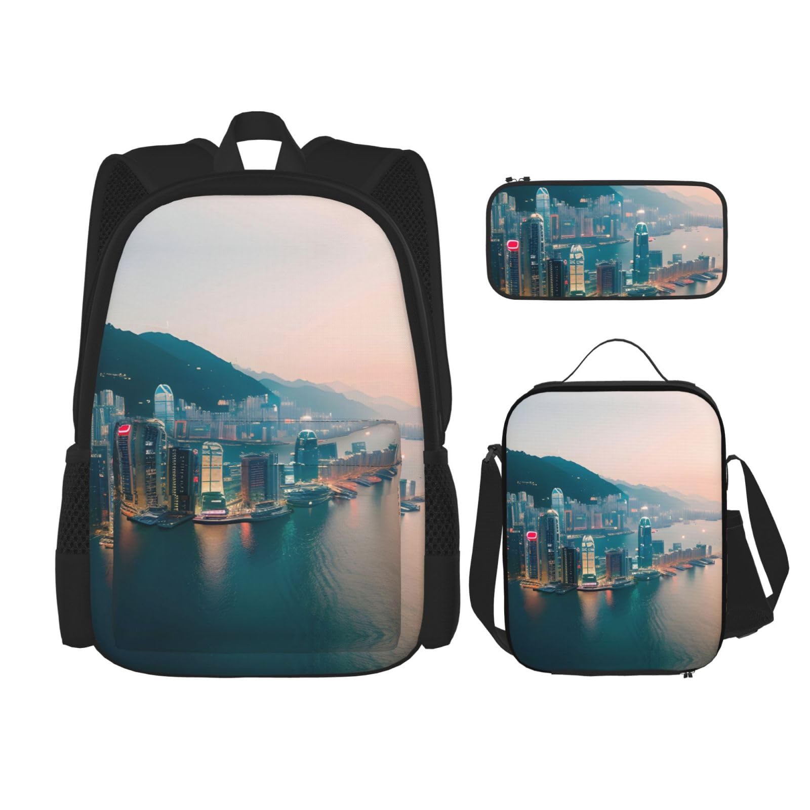 YQxwJL 3-in-1-Rucksack-Büchertaschen-Set, violetter Pfauenmuster, lässiger Reiserucksack, mit Federmäppchen, Lunchtasche, Hongkong, Einheitsgröße