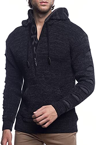 Karl´s People Herren Strick-Pullover mit Kapuze gefüttert| Männer Winter-Pullover mit Kängurutasche |stylischer Herren Strick-Pulli | angenehmer Herren Kapuzenpullover K-116 Black-Anthra M