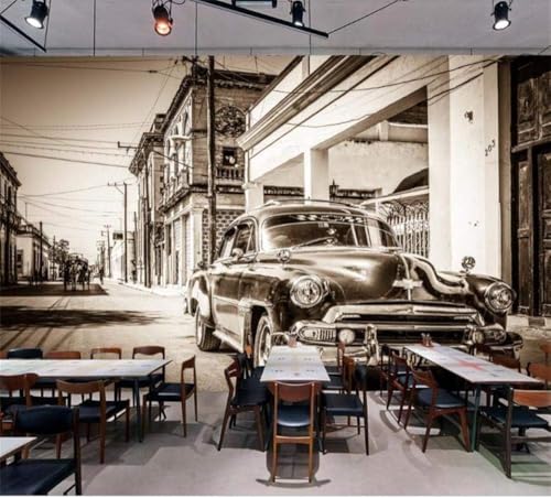 Schwarz-Weiße Straße Oldtimer 3D Tapete Poster Restaurant Schlafzimmer Wohnzimmer Sofa TV Dekorative Wand-250cm×170cm