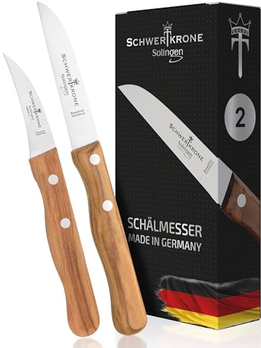 Schwertkrone Schälmesser/Messer Set Solingen Germany/Obstmesser/Gemüsemesser/Schälmesser Holzgriff Olivenholz 15,5 cm gebogen / 17,5 cm rostfrei Vogelschnabel/Gerade