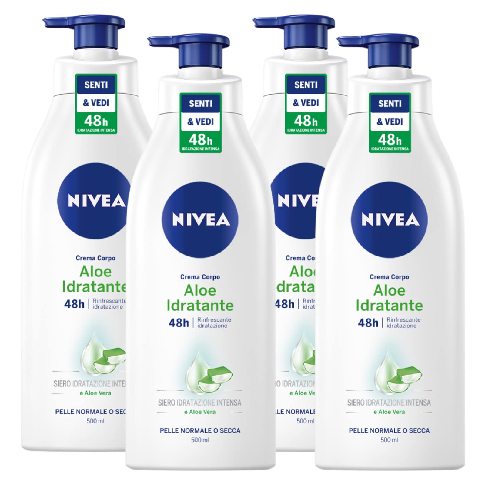 Nivea Körpercreme Aloe Feuchtigkeitscreme 48h Formel mit natürlichen Ursprungs Inhaltsstoffen Feuchtigkeitsspendende Wirkung, erfrischend, Weichspüler, normale oder trockene Haut, leichte Textur, 4 Flaschen à 500 ml