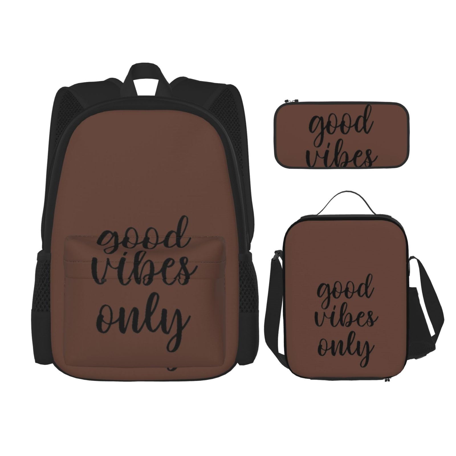 WURTON Good Vibes Only bedrucktes Rucksack-Set, Schulbüchertasche mit Lunchtasche, Federmäppchen, Kombination, Schultaschen-Set