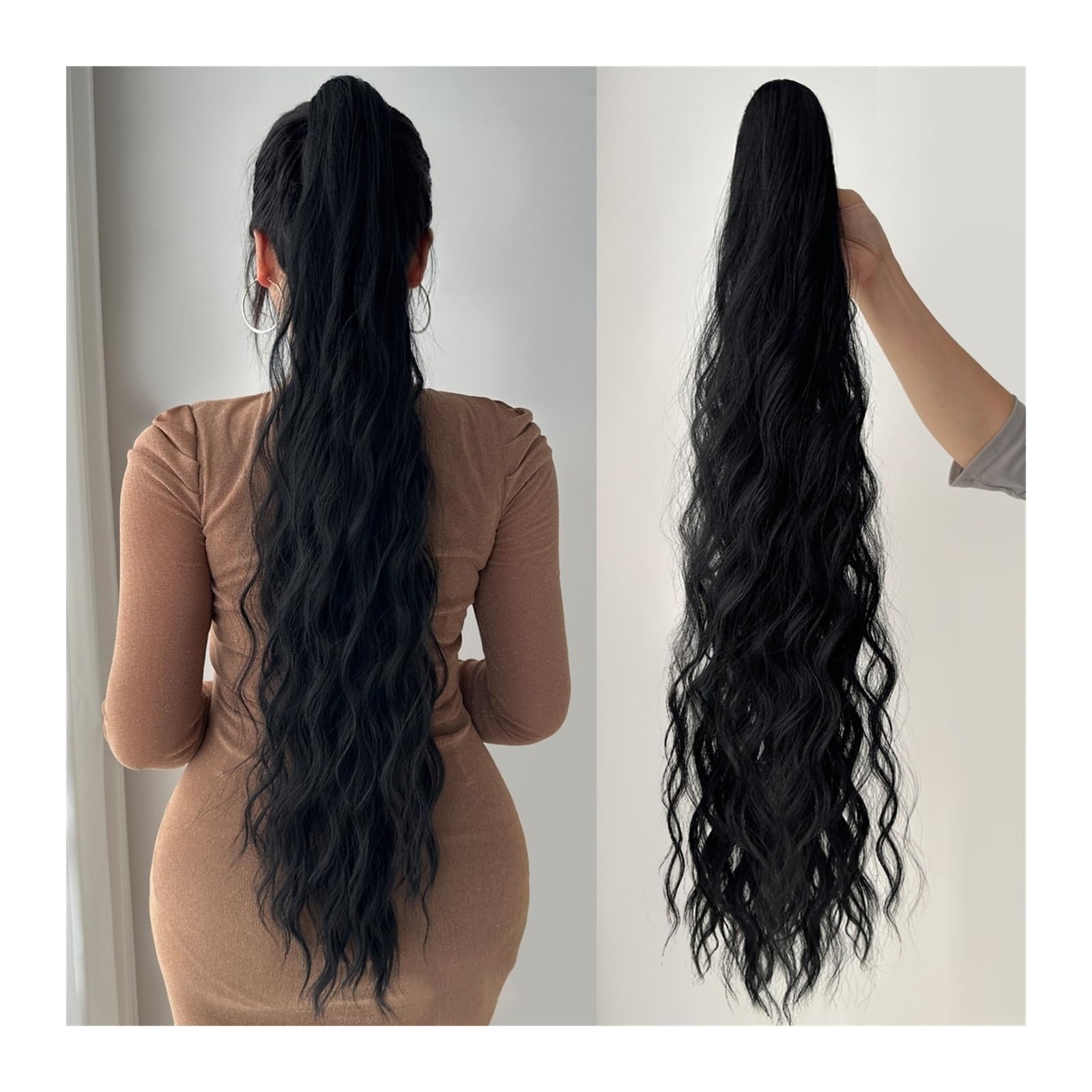 Pferdeschwanzverlängerung Extensions, weich, natürlich, mehrfarbig, 81,3 cm, Pferdeschwanz-Verlängerung, lockiges Haar, Wasserwelle, Clip-in-Haar Pferdeschwanz-Haarteile(Schwarz)