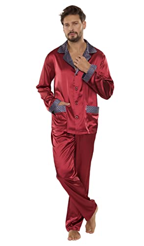 FOREX Lingerie edler und hochwertiger Satin-Pyjama Herren-Schlafanzug Hausanzug (M, Bordeaux)