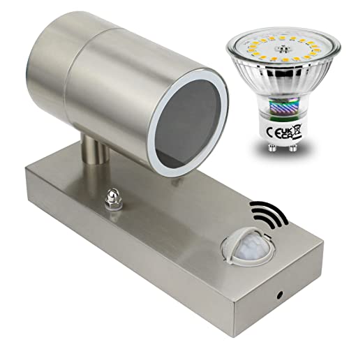 Allesgute LED Aussenleuchte mit Bewegungsmelder Sensor, Modern PIR Wandleuchte Aussen IP44 Wasserdicht Porch Bad Außenlampe Edelstahl Gebürstet mit 1×5W GU10 6000k Kaltweiß Leuchtmittel