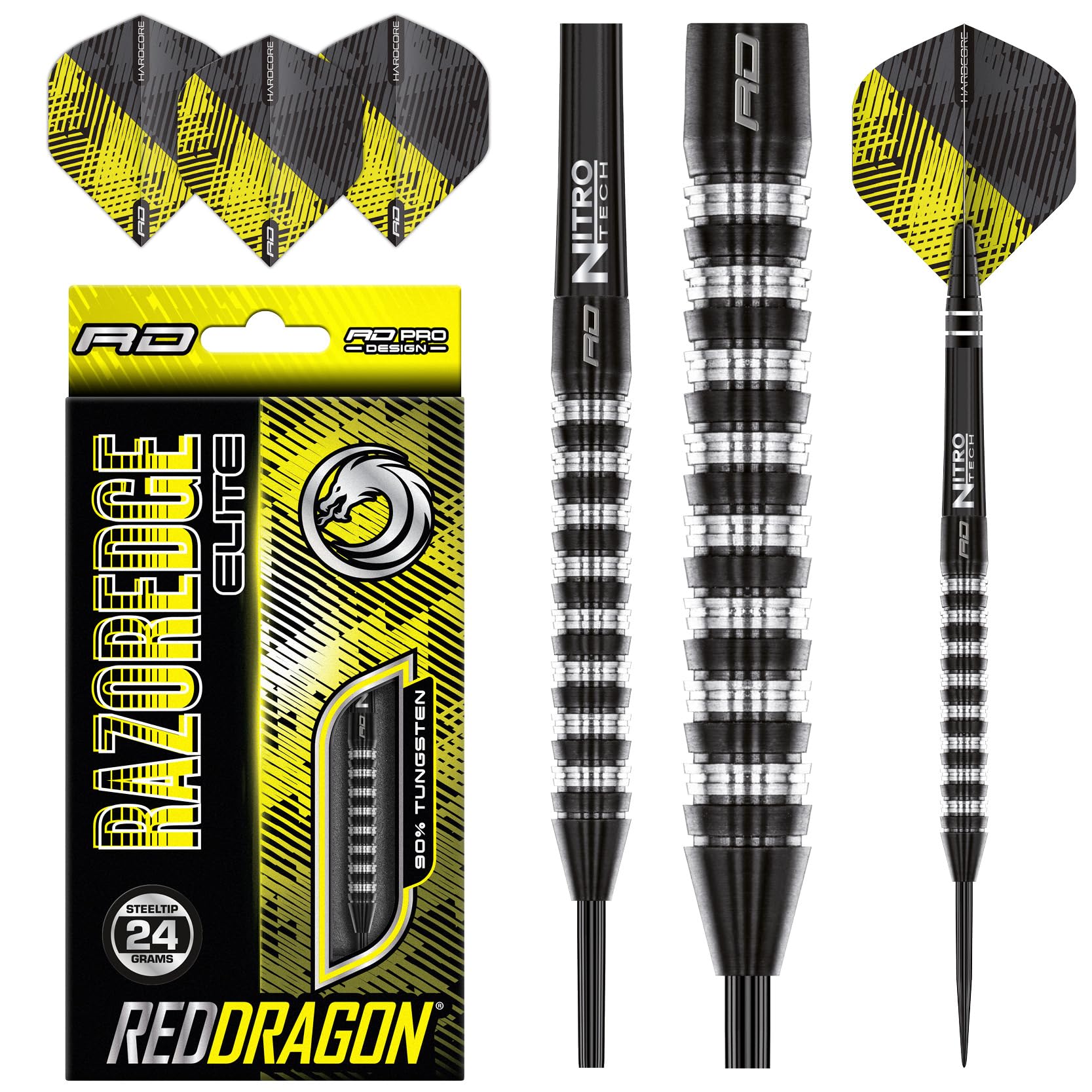 RED DRAGON Razor Edge Elite 24 Gramm Premium Tungsten Darts Set mit Flights und Stielen