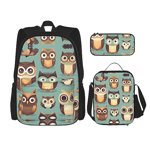 YQxwJL 3-in-1-Rucksack-Büchertaschen-Set, Barber Shop, einfarbiger Druck, lässiger Reiserucksack, mit Federmäppchen, Lunchtasche, Niedliche Cartoon-Eulen, Einheitsgröße