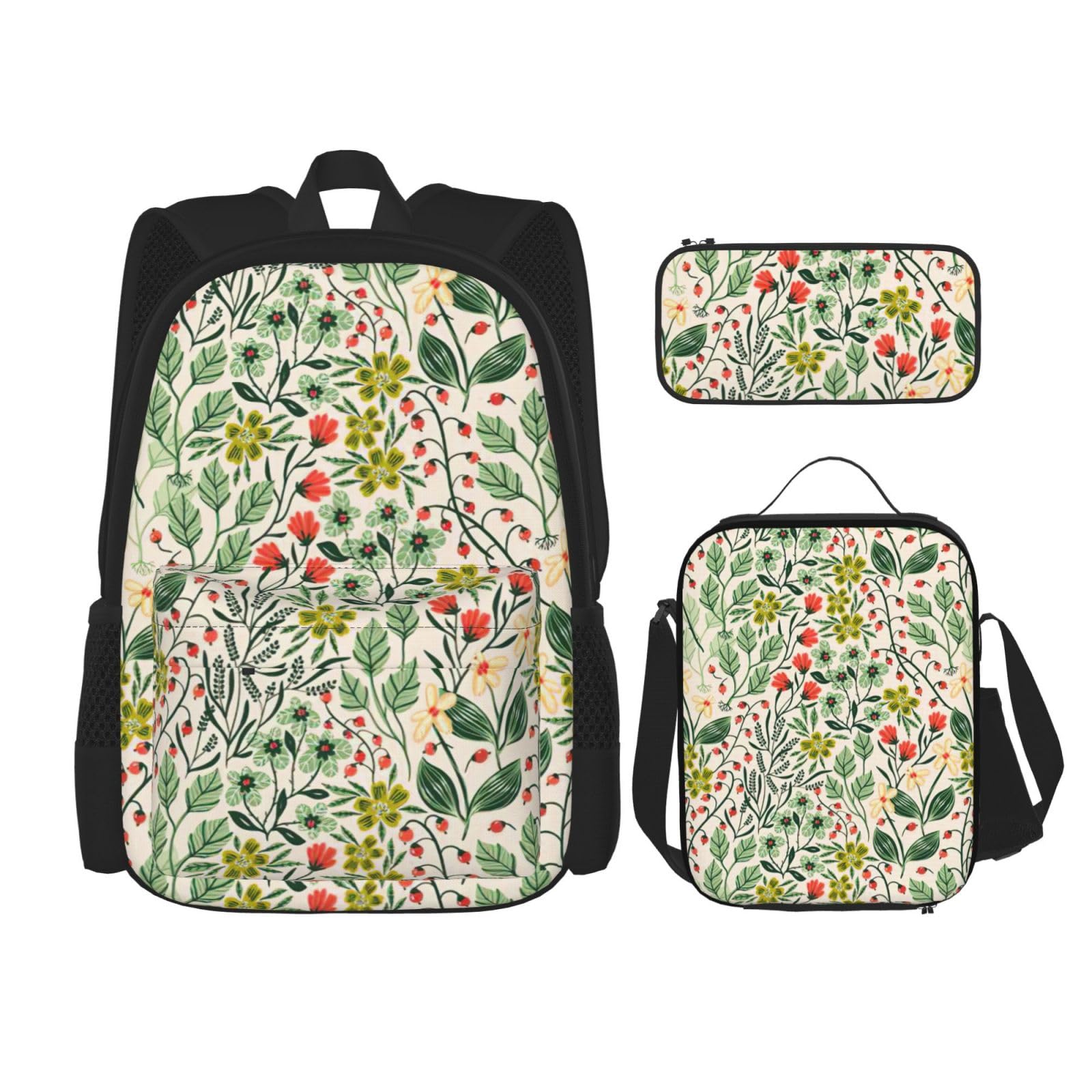 WURTON Roadside Rose Print Schulrucksack 3 in 1 Büchertasche Set mit Lunchbox Federmäppchen Reise Laptop Daypacks